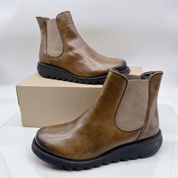 Fly London Salv Platform Chelsea Ankle Boots Comfort Brown Leather EU 42 US 11 - Picture 1 of 13